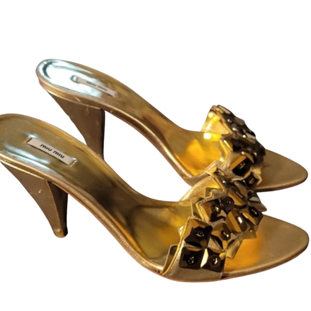 MIU MIU | Gold Metallic Embellished Mule Heels EU 36.5 / US 6.5 - Picture 5 of 8